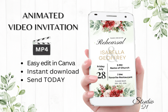 Elegant Red Roses Rehearsal Dinner Invite W7448